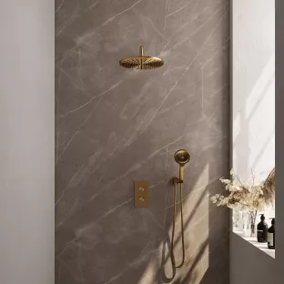 Brauer Gold Edition built-in set with 3-way thermostat - overhead shower 30 cm - curved wall arm - round hand shower - wall connection - brushed gold PVD