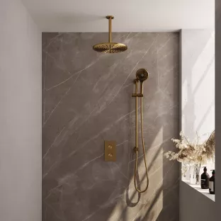 Brauer Gold Edition built-in set with 3-way thermostat - overhead shower 30 cm - ceiling arm - round hand shower - sliding bar with connection bend - brushed gold pvd