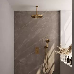 Brauer Gold Edition built-in set with 3-way thermostat - overhead shower 30 cm - ceiling arm - round hand shower - wall connection - brushed gold PVD