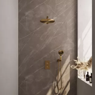 Brauer Gold Edition built-in set with 3-way thermostat - overhead shower 30 cm - straight wall arm - round hand shower - wall connection - brushed gold PVD