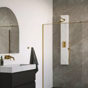 Brauer Gold Edition thermostatic shower panel 2-way diverter - calacatta gold - 20 cm shower head - curved wall arm - rod hand shower - wall connection bend - shower hose - brushed gold PVD