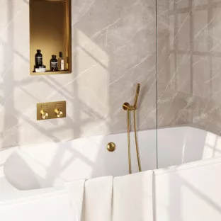 Brauer Gold Edition built-in bath thermostat with push buttons - bath filling combination - rod hand shower - shower hose - wall connection bend - Brushed gold PVD