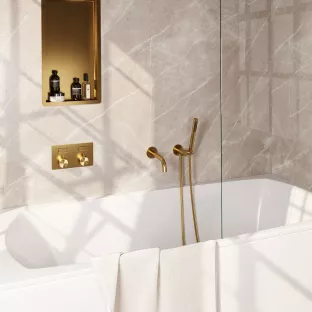 Brauer Gold Edition built-in bath thermostat with push buttons - spout - rod hand shower - shower hose - wall connection bend - Brushed gold PVD