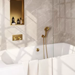 Brauer Gold Edition inbouw badthermostaat met drukknoppen - badvulcombinatie - ronde handdouche - doucheslang - wandaansluitbocht - Geborsteld goud PVD