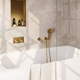 Brauer Gold Edition built-in bath thermostat with push buttons - spout - round hand shower - shower hose - wall connection bend - Brushed gold PVD