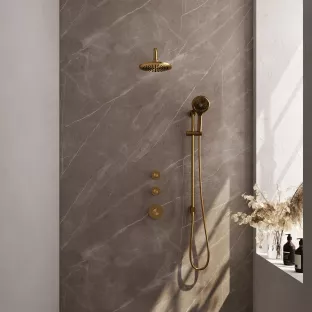 Brauer Gold Edition thermostatic built-in shower set - overhead shower 20 cm - curved wall arm - round hand shower - sliding bar with connection bend - brushed gold pvd