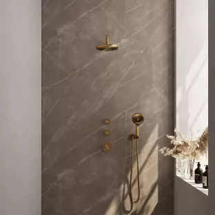 Brauer Gold Edition thermostatic built-in shower set - overhead shower 20 cm - curved wall arm - round hand shower - wall connection - brushed gold pvd