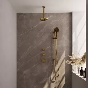 Brauer Gold Edition thermostatic built-in shower set - overhead shower 20 cm - ceiling arm - round hand shower - sliding bar with connection bend - brushed gold pvd