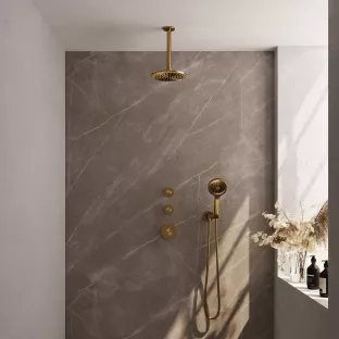 Brauer Gold Edition thermostatic built-in shower set - overhead shower 20 cm - ceiling arm - round hand shower - wall connection - brushed gold pvd