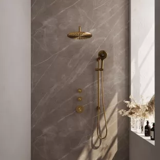 Brauer Gold Edition thermostatic built-in shower set - overhead shower 30 cm - curved wall arm - round hand shower - sliding bar with connection bend - brushed gold pvd