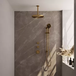 Brauer Gold Edition thermostatic built-in shower set - overhead shower 30 cm - ceiling arm - round hand shower - sliding bar with connection bend - brushed gold pvd