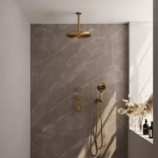 Brauer Gold Edition thermostatic built-in shower set - overhead shower 30 cm - ceiling arm - round hand shower - wall connection - brushed gold pvd