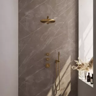 Brauer Gold Edition thermostatic built-in shower set - overhead shower 30 cm - straight wall arm - rod hand shower - wall connection - brushed gold pvd