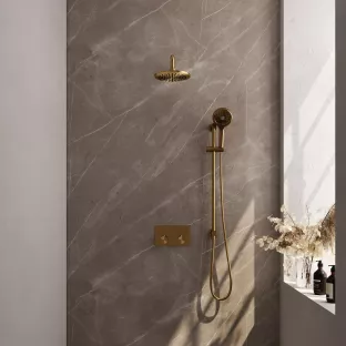 Brauer Gold Edition thermostatic built-in rain shower set - push buttons - main shower 20 cm - curved wall arm - round hand shower - sliding bar with connection bend - brushed gold pvd