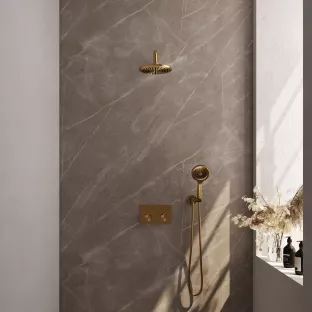 Brauer Gold Edition thermostatic built-in rain shower set - push buttons - main shower 20 cm - curved wall arm - round hand shower - wall connection - brushed gold pvd