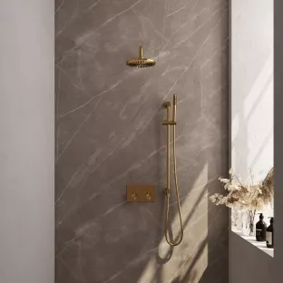 Brauer Gold Edition thermostatic built-in rain shower set - push buttons - overhead shower 20 cm - curved wall arm - rod hand shower - sliding bar with connection bend - brushed gold pvd