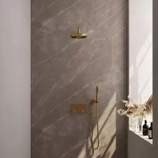 Brauer Gold Edition thermostatic built-in rain shower set - push buttons - overhead shower 20 cm - curved wall arm - rod hand shower - wall connection - brushed gold pvd