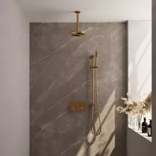 Brauer Gold Edition thermostatic built-in rain shower set - push buttons - main shower 20 cm - ceiling arm - rod hand shower - sliding bar with connection bend - brushed gold pvd