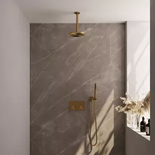 Brauer Gold Edition thermostatic built-in rain shower set - push buttons - main shower 20 cm - ceiling arm - rod hand shower - wall connection - brushed gold pvd