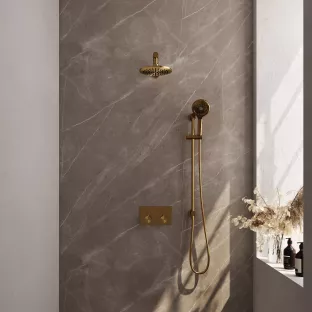 Brauer Gold Edition thermostatic built-in rain shower set - push buttons - main shower 20 cm - straight wall arm - round hand shower - sliding bar with connection bend - brushed gold pvd