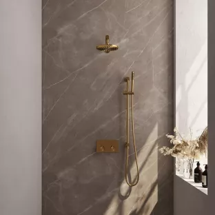 Brauer Gold Edition thermostatic built-in rain shower set - push buttons - overhead shower 20 cm - straight wall arm - rod hand shower - sliding bar with connection bend - brushed gold pvd