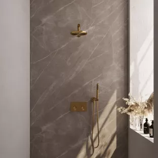 Brauer Gold Edition thermostatic built-in rain shower set - push buttons - main shower 20 cm - straight wall arm - rod hand shower - wall connection - brushed gold pvd