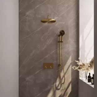 Brauer Gold Edition thermostatic built-in rain shower set - push buttons - main shower 30 cm - curved wall arm - round hand shower - sliding bar with connection bend - brushed gold pvd