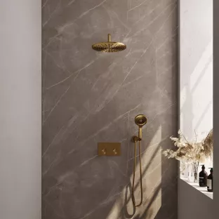 Brauer Gold Edition thermostatic built-in rain shower set - push buttons - main shower 30 cm - curved wall arm - round hand shower - wall connection - brushed gold pvd