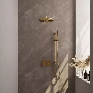 Brauer Gold Edition thermostatic built-in rain shower set - push buttons - overhead shower 30 cm - curved wall arm - rod hand shower - sliding bar with connection bend - brushed gold pvd