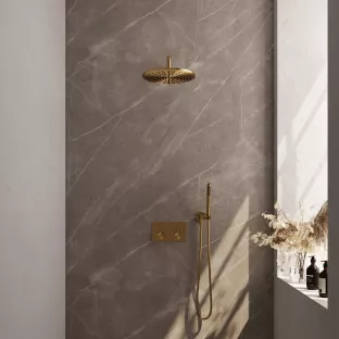 Brauer Gold Edition thermostatic built-in rain shower set - push buttons - overhead shower 30 cm - curved wall arm - rod hand shower - wall connection - brushed gold pvd