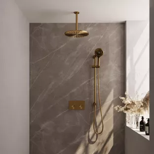 Brauer Gold Edition thermostatic built-in rain shower set - push buttons - main shower 30 cm - ceiling arm - round hand shower - sliding bar with connection bend - brushed gold pvd