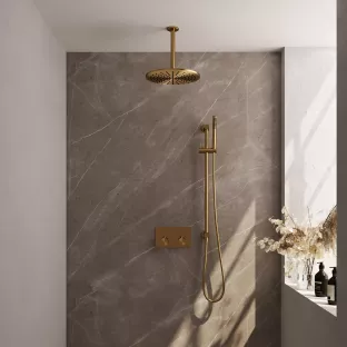 Brauer Gold Edition thermostatic built-in rain shower set - push buttons - main shower 30 cm - ceiling arm - rod hand shower - sliding bar with connection bend - brushed gold pvd