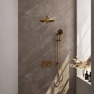 Brauer Gold Edition thermostatic built-in rain shower set - push buttons - main shower 30 cm - straight wall arm - round hand shower - sliding bar with connection bend - brushed gold pvd