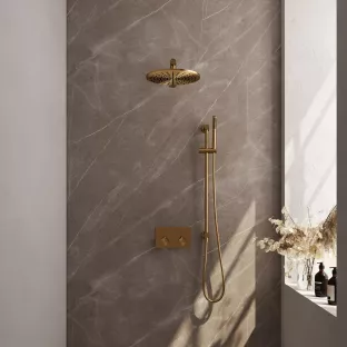 Brauer Gold Edition thermostatic built-in rain shower set - push buttons - overhead shower 30 cm - straight wall arm - rod hand shower - sliding bar with connection bend - brushed gold pvd