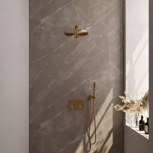 Brauer Gold Edition thermostatic built-in rain shower set - push buttons - main shower 30 cm - straight wall arm - rod hand shower - wall connection - brushed gold pvd