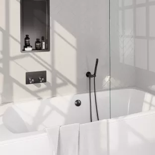 Brauer Gunmetal Carving built-in bath thermostat with push buttons - bath filling combination - rod hand shower - shower hose - wall connection bend - Brushed Gunmetal PVD