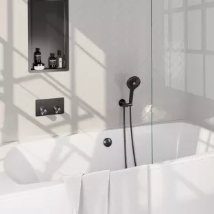 Brauer Gunmetal Carving built-in bath thermostat with push buttons - bath filling combination - round hand shower - shower hose - wall connection bend - Brushed Gunmetal PVD