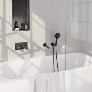 Brauer Gunmetal Carving built-in bath thermostat with push buttons - spout - round hand shower - shower hose - wall connection bend - Brushed Gunmetal PVD