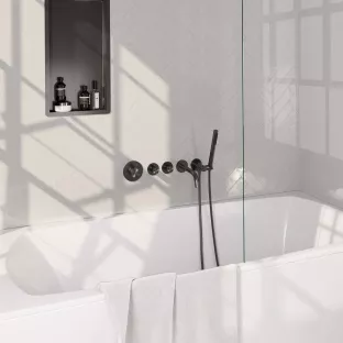 Brauer Gunmetal Carving built-in bath thermostat with spout - rod hand shower - shower hose - wall connection bend - Brushed Gunmetal PVD