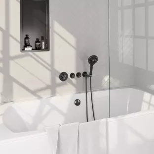 Brauer Gunmetal Carving built-in bath thermostat with bath filling combination - round hand shower - shower hose - wall connection bend - Brushed Gunmetal PVD