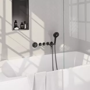 Brauer Gunmetal Carving built-in bath thermostat with spout - round hand shower - shower hose - wall connection bend - Brushed Gunmetal PVD