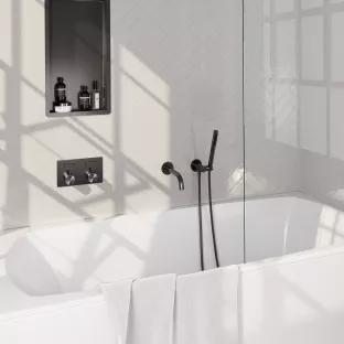 Brauer Gunmetal Edition built-in bath thermostat with push buttons - spout - rod hand shower - shower hose - wall connection bend - Brushed Gunmetal PVD