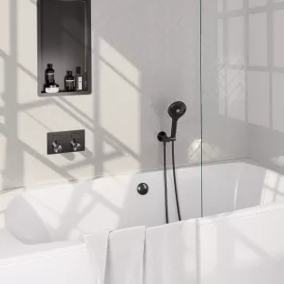 Brauer Gunmetal Edition built-in bath thermostat with push buttons - bath filling combination - round hand shower - shower hose - wall connection bend - Brushed Gunmetal PVD