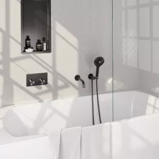 Brauer Gunmetal Edition built-in bath thermostat with push buttons - spout - round hand shower - shower hose - wall connection bend - Brushed Gunmetal PVD