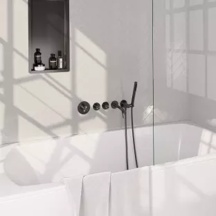 Brauer Gunmetal Edition built-in bath thermostat with spout - rod hand shower - shower hose - wall connection bend - Brushed Gunmetal PVD