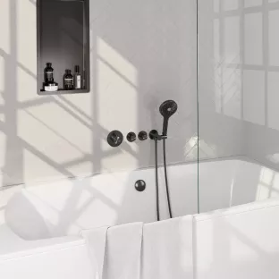 Brauer Gunmetal Edition built-in bath thermostat with bath filling combination - round hand shower - shower hose - wall connection bend - Brushed Gunmetal PVD