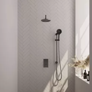 Brauer Gunmetal Carving Built-in set with 3-way thermostat - Overhead shower 20 cm - Curved wall arm - Round hand shower - Sliding bar with connection bend - Brushed gunmetal PVD