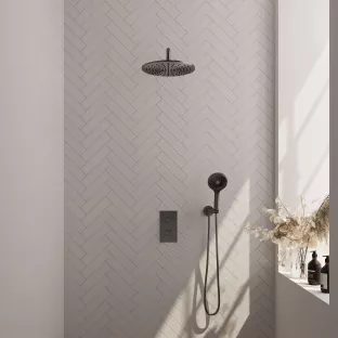 Brauer Gunmetal Carving Built-in set with 3-way thermostat - Overhead shower 30 cm - Curved wall arm - Round hand shower - Wall connection - Brushed gunmetal PVD