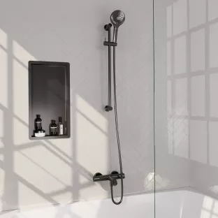 Brauer Gunmetal Carving Surface-mounted Bath shower thermostat tap - sliding bar - round hand shower 3 positions - shower hose - gunmetal brushed PVD