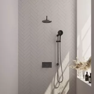 Brauer Gunmetal Carving Thermostatic Built-in Shower Set Push buttons - Overhead shower 20 cm - Curved wall arm - Round hand shower - Sliding bar with connection bend - Brushed gunmetal PVD